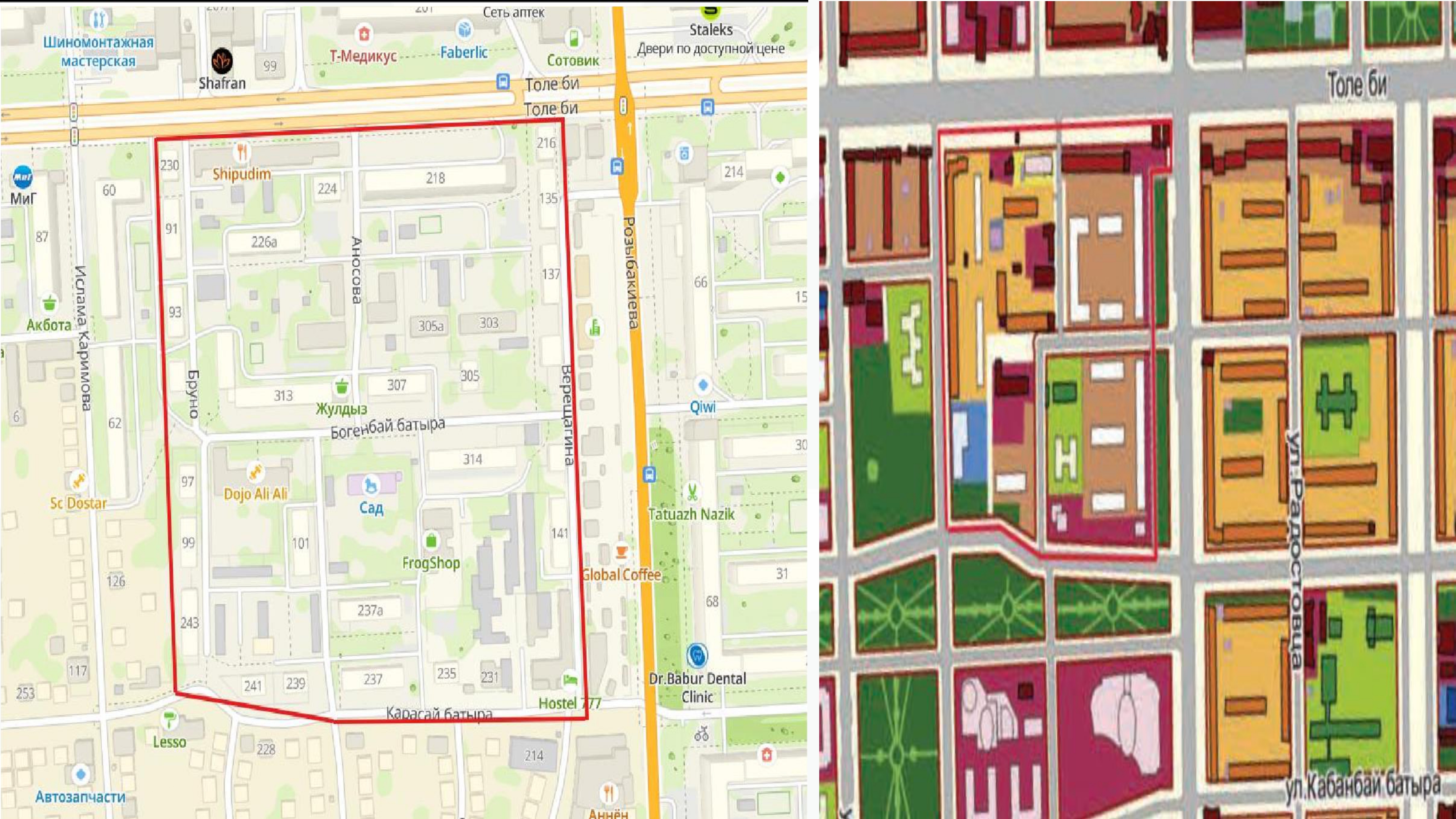 Объект - Толе би, Верещагина, Карасай батыра, Бруно 